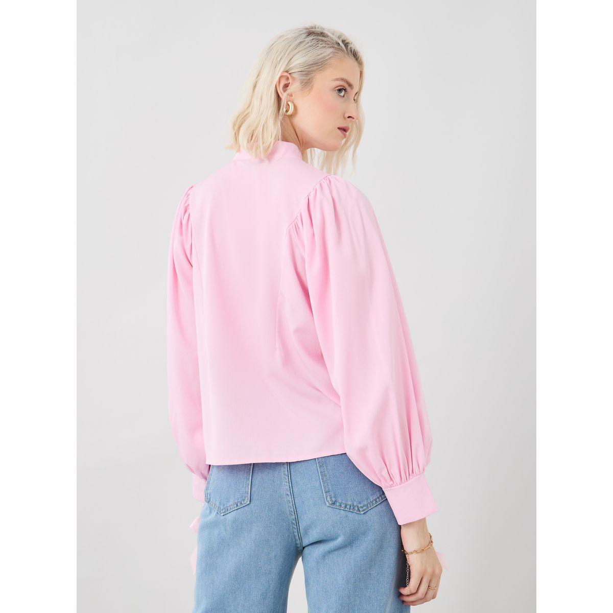 بلوزة سادة بأكمام بالون مع أزرار-women-clothing-shirtsandblouses-blouses-image-1