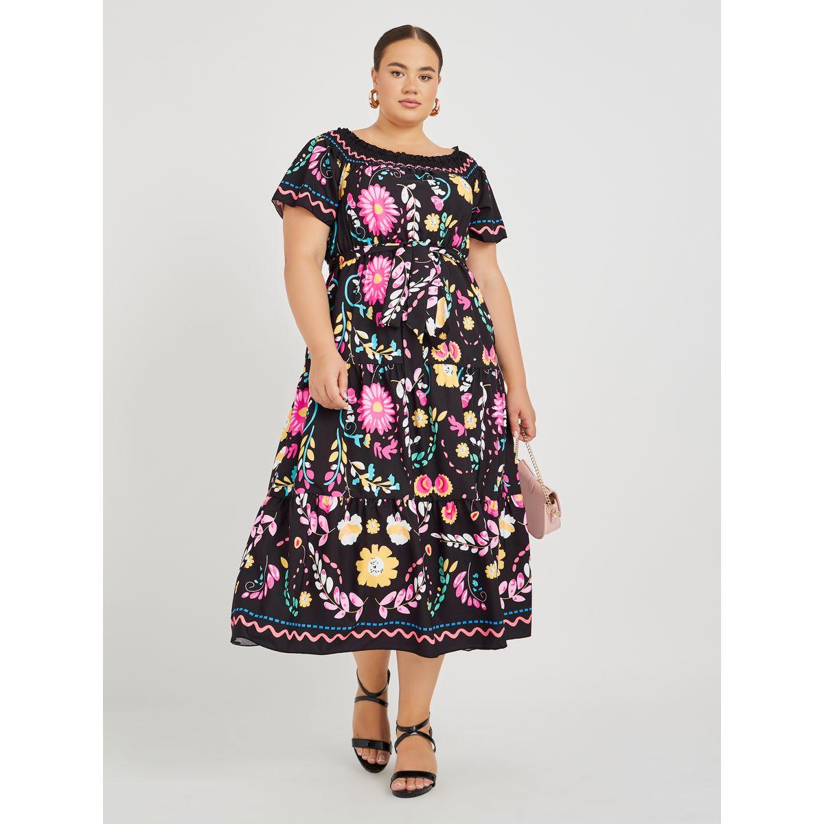 Styli Pluss Size Printed Smocked Neckline Maxi Dress-women-clothing-dresses-image-1