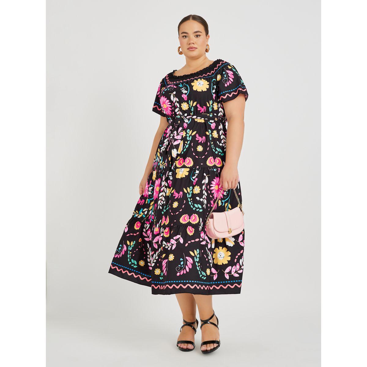 فستان طويل مطبع بمقاس كبير وياقة مزمومة-women-clothing-dresses-image-2