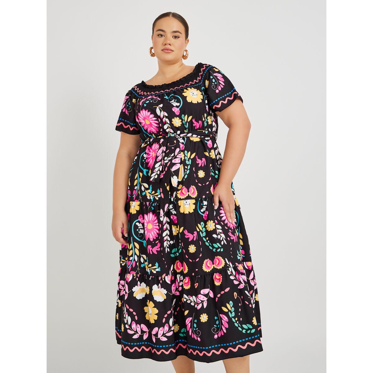 فستان طويل مطبع بمقاس كبير وياقة مزمومة-women-clothing-dresses-image-3
