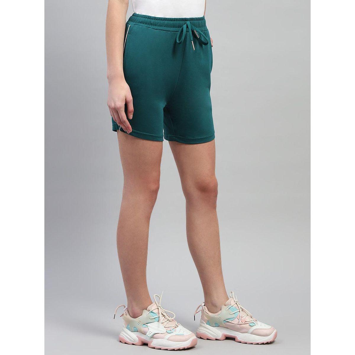 Monte Carlo Women Green Solid Drawstring Waistband Regular Fit Shorts-women-clothing-bottoms-shorts-image-3