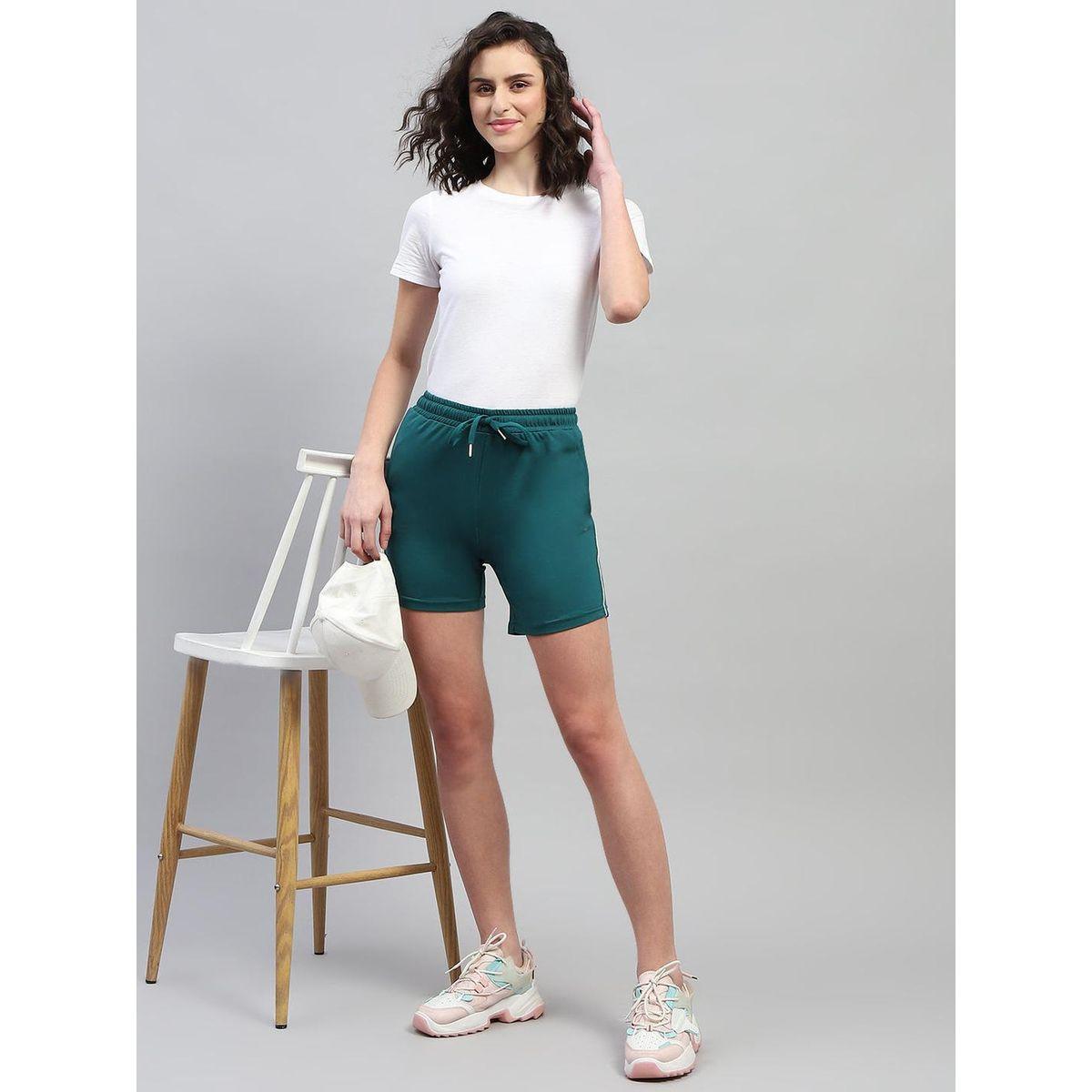 Monte Carlo Women Green Solid Drawstring Waistband Regular Fit Shorts-women-clothing-bottoms-shorts-image-5