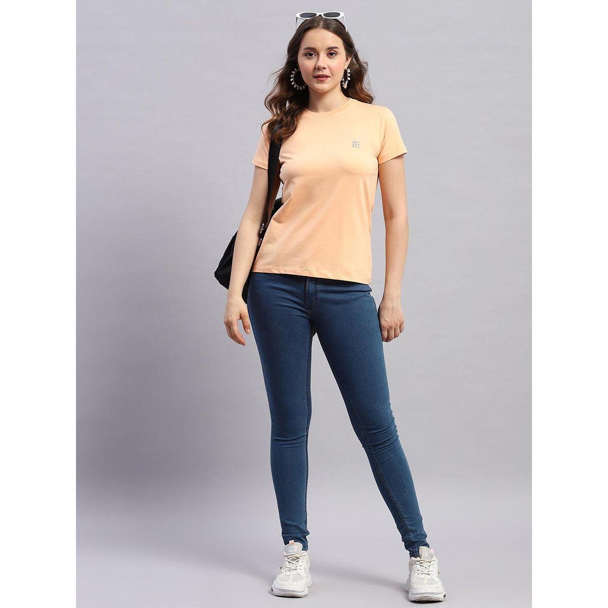 Rock.it X Styli Women Peach Solid Round Neck Short Sleeve Top-women-clothing-tshirts-image-5