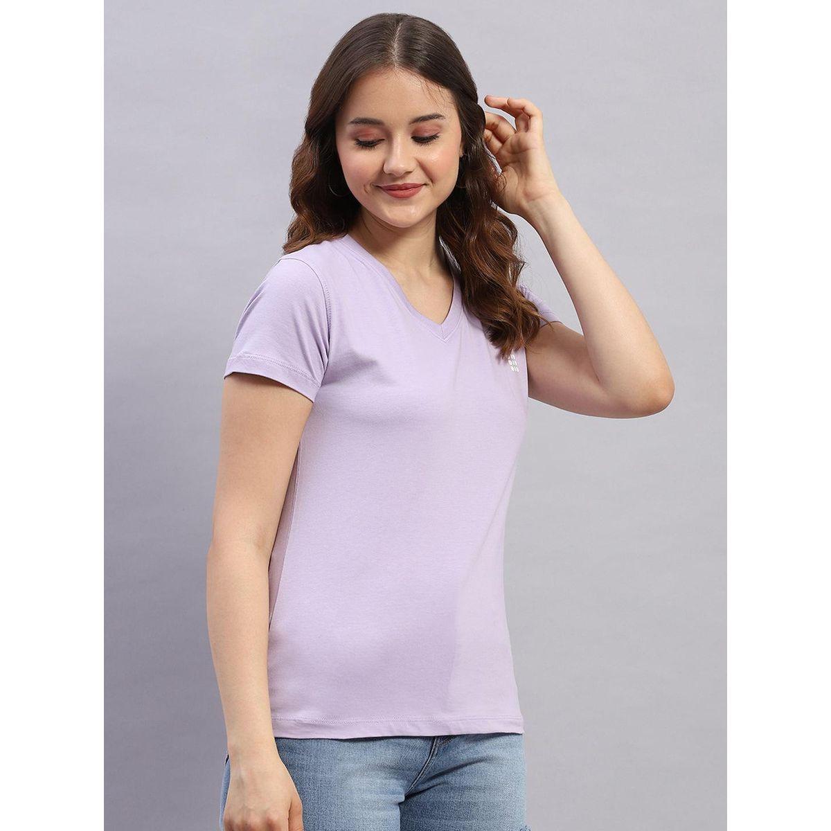 Rock.it X Styli Women Lavender Solid V Neck Short Sleeve Top-women-clothing-tshirts-image-3