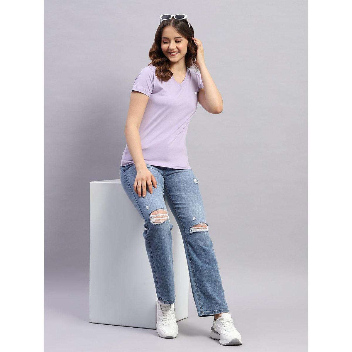 Rock.it X Styli Women Lavender Solid V Neck Short Sleeve Top-women-clothing-tshirts-image-5