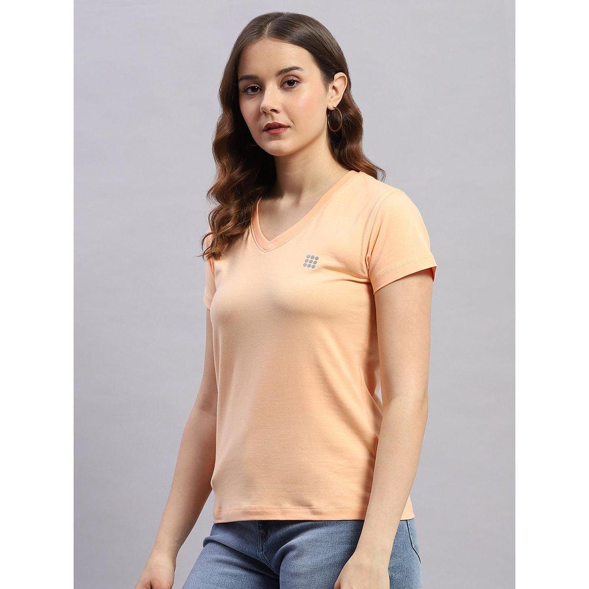 Rock.it X Styli Women Peach Solid V Neck Short Sleeve Top-women-clothing-tshirts-image-2