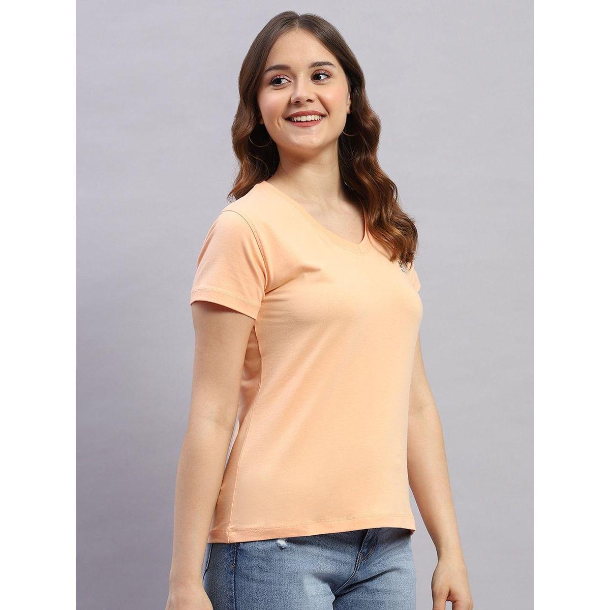 Rock.it X Styli Women Peach Solid V Neck Short Sleeve Top-women-clothing-tshirts-image-3