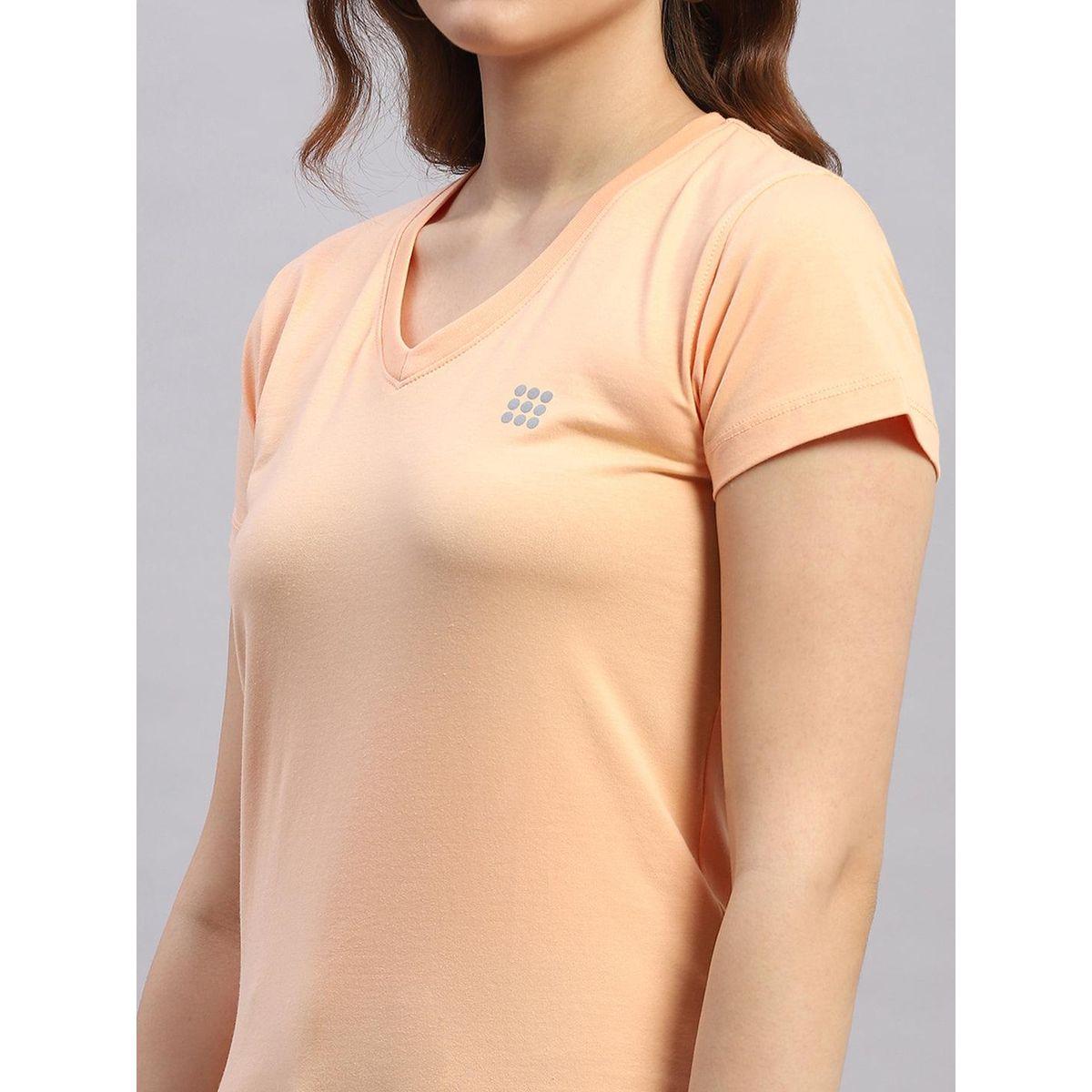 Rock.it X Styli Women Peach Solid V Neck Short Sleeve Top-women-clothing-tshirts-image-6