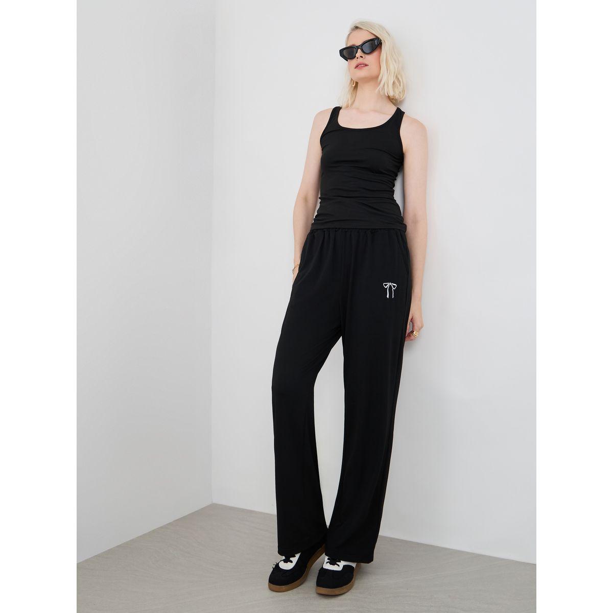 Styli Women Black Bow Tie Embroidered Drawstring Waist Joggers-women-clothing-bottoms-joggers-image-1