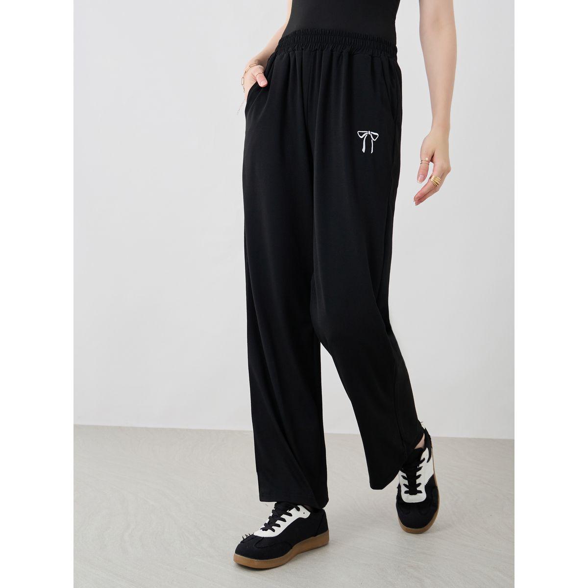 Styli Women Black Bow Tie Embroidered Drawstring Waist Joggers-women-clothing-bottoms-joggers-image-2