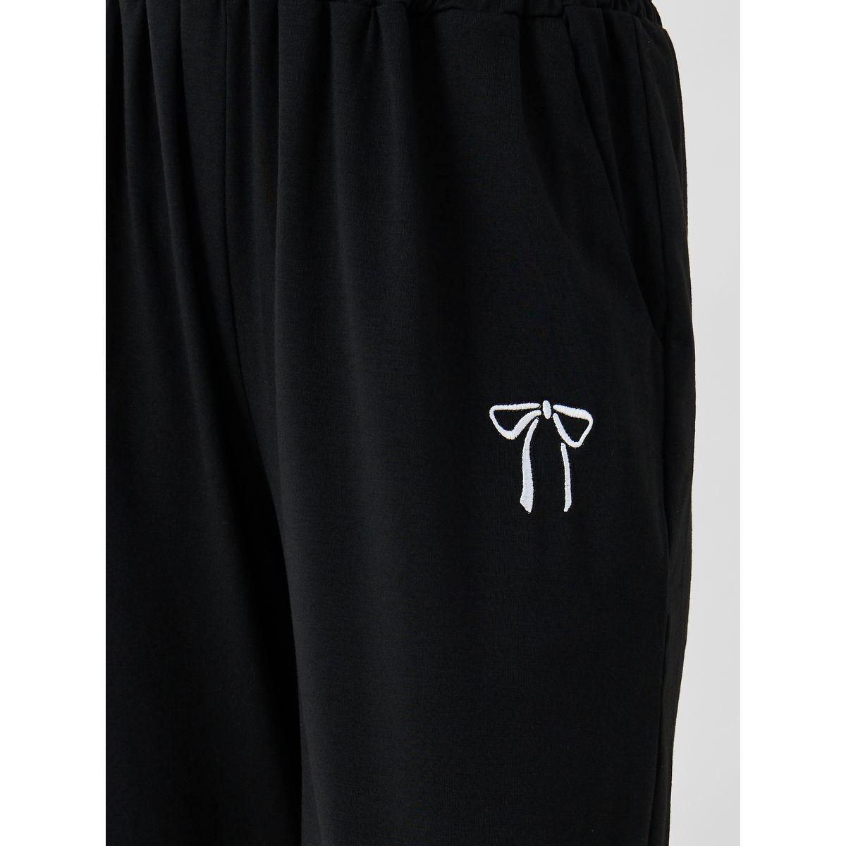Styli Women Black Bow Tie Embroidered Drawstring Waist Joggers-women-clothing-bottoms-joggers-image-3
