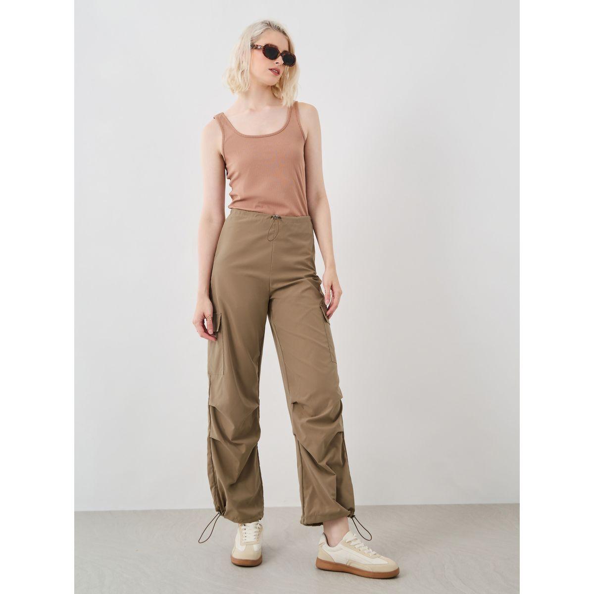 Styli Women Khaki Solid Drawstring Hem Cargo Pants-women-clothing-bottoms-trousers-image-1