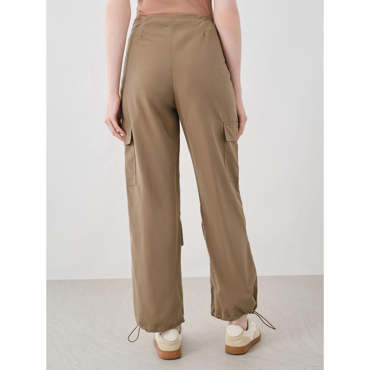 Styli Women Khaki Solid Drawstring Hem Cargo Pants-women-clothing-bottoms-trousers-image-4