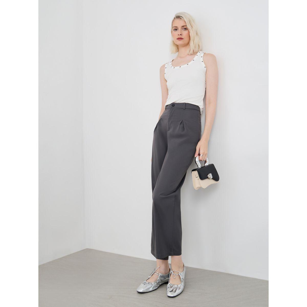 Styli Women Grey Solid Cropped Wide Leg Pants with Belt Loops-women-clothing-bottoms-trousers-image-1