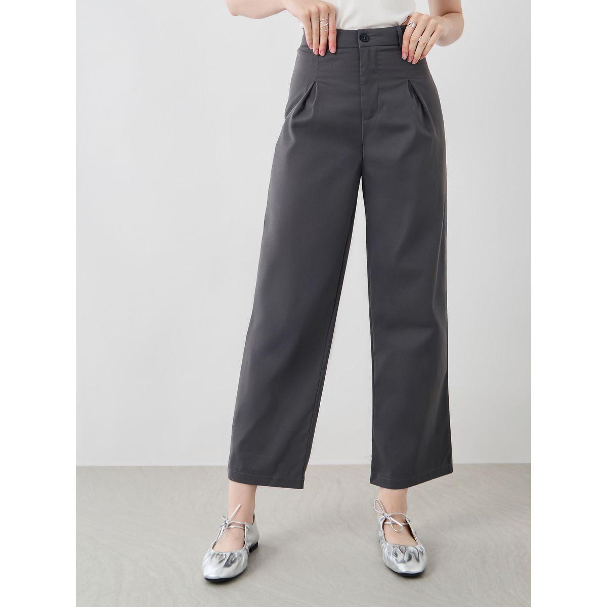 Styli Women Grey Solid Cropped Wide Leg Pants with Belt Loops-women-clothing-bottoms-trousers-image-2