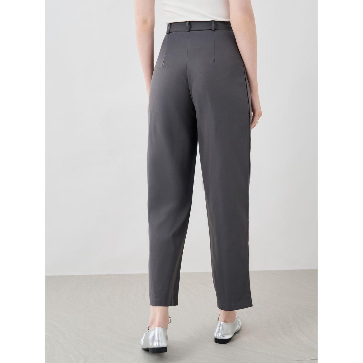 Styli Women Grey Solid Cropped Wide Leg Pants with Belt Loops-women-clothing-bottoms-trousers-image-4