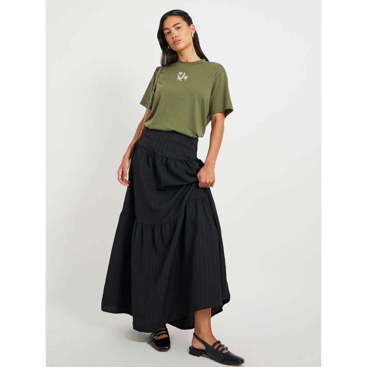 Styli Textured High Rise Tiered Maxi Skirt-women-clothing-bottoms-skirts-image-1