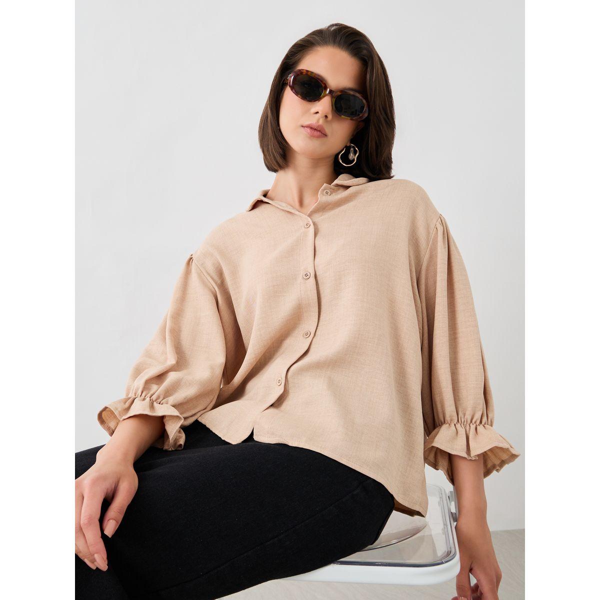 Styli Ruffled Sleeve Buttoned Spread Collar Shirt-women-clothing-shirtsandblouses-shirts-image-1