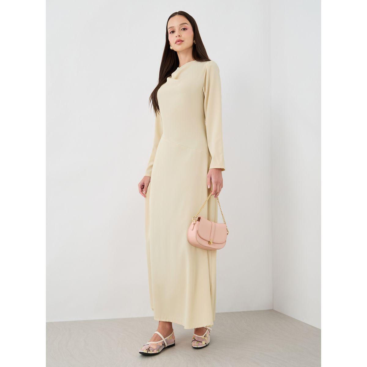 فستان طويل سادة بياقة منسدلة وأكمام طويلة-women-clothing-dresses-image-1