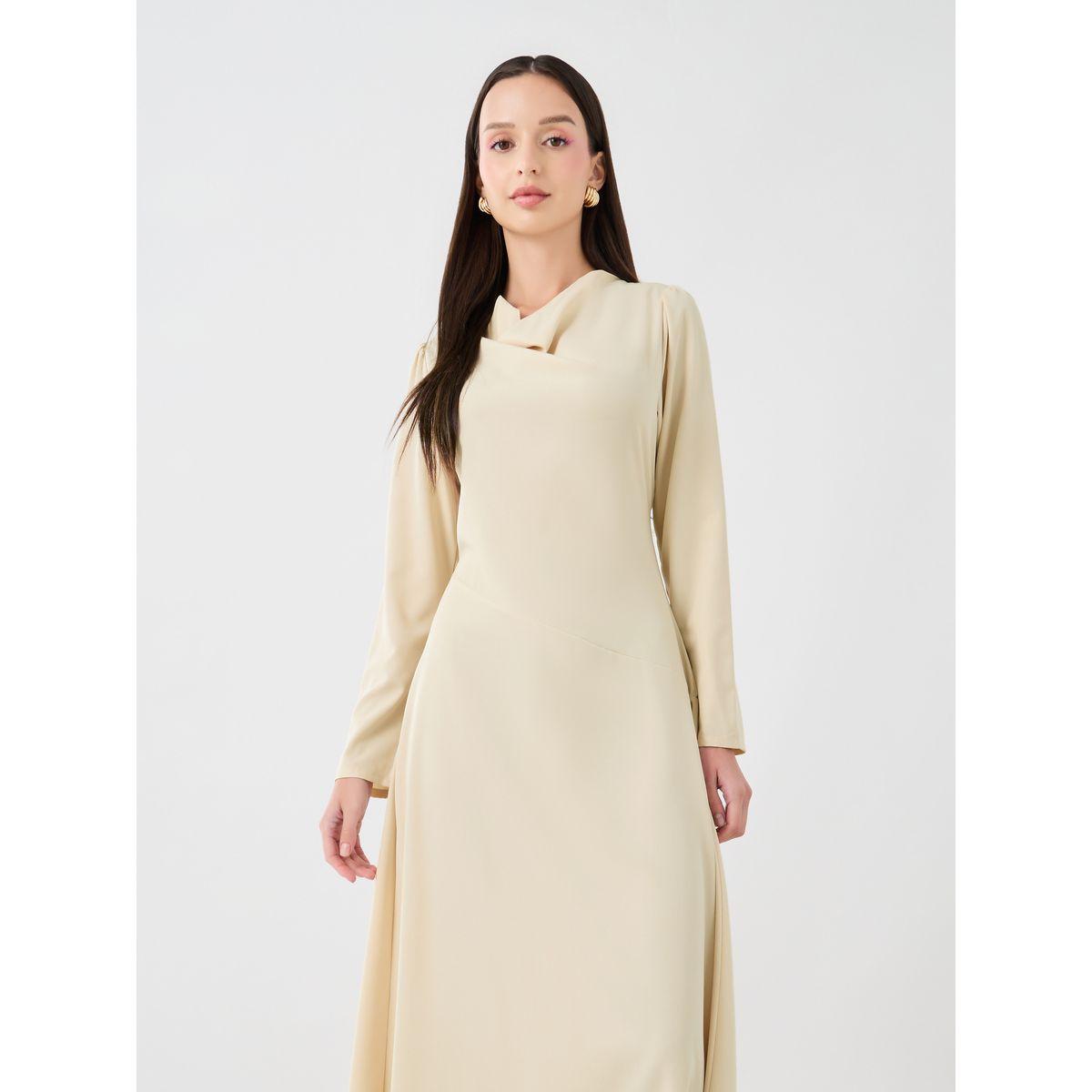 فستان طويل سادة بياقة منسدلة وأكمام طويلة-women-clothing-dresses-image-2