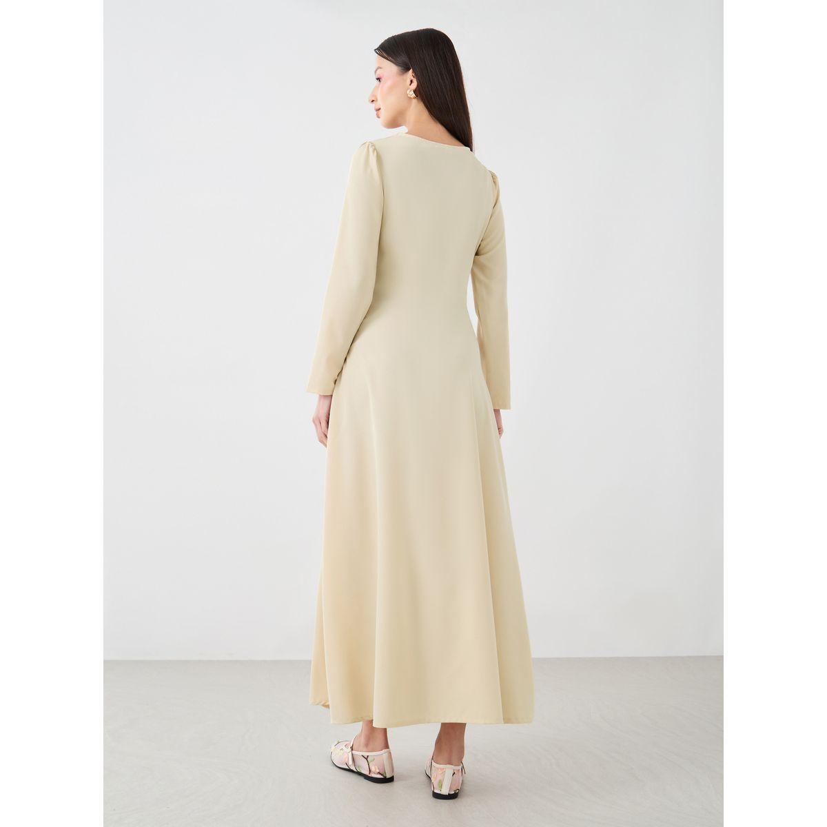 فستان طويل سادة بياقة منسدلة وأكمام طويلة-women-clothing-dresses-image-4