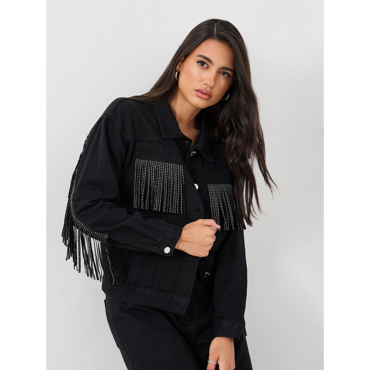 Styli Regular Fit Buttoned Denim Jacket with Frings Detail-women-winterwear-coatsandjackets-jackets-image-1