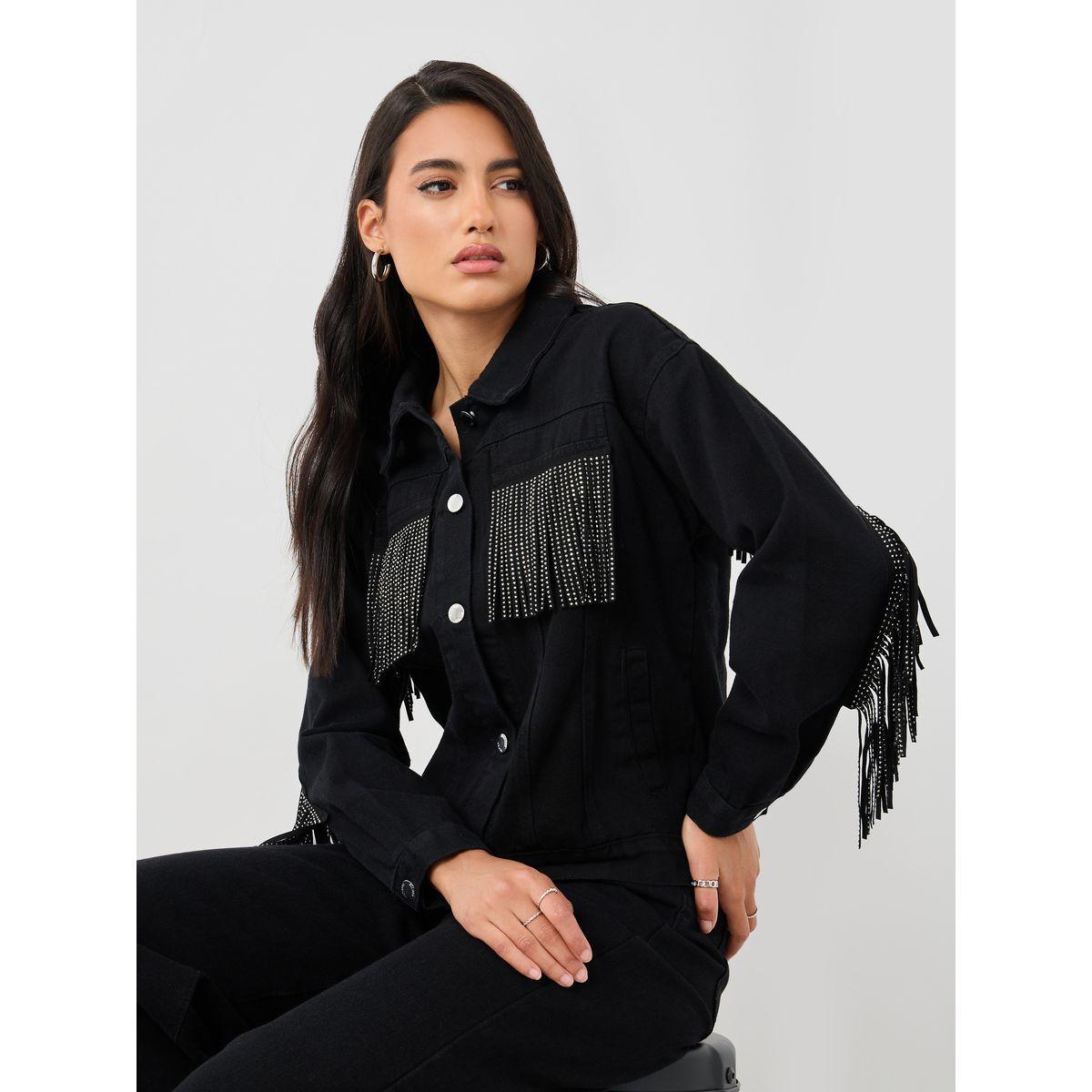 Styli Regular Fit Buttoned Denim Jacket with Frings Detail-women-winterwear-coatsandjackets-jackets-image-2