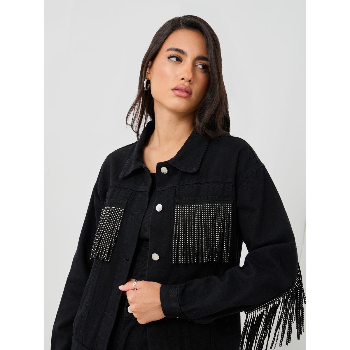 Styli Regular Fit Buttoned Denim Jacket with Frings Detail-women-winterwear-coatsandjackets-jackets-image-4