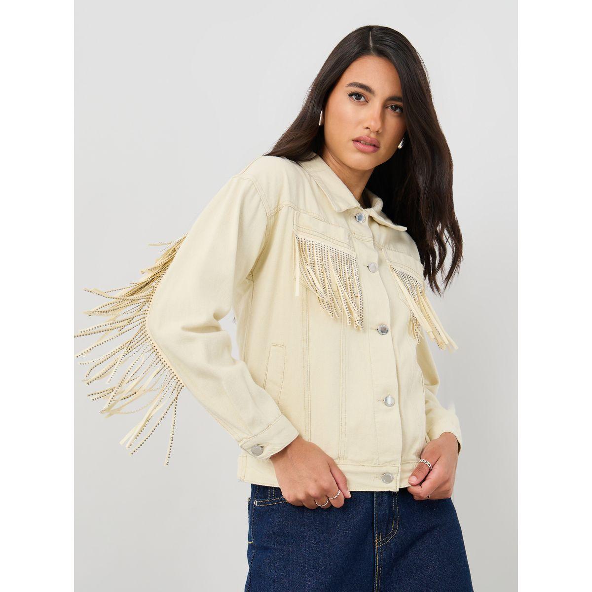 Styli Regular Fit Buttoned Denim Jacket with Fringes Detail-women-winterwear-coatsandjackets-jackets-image-1