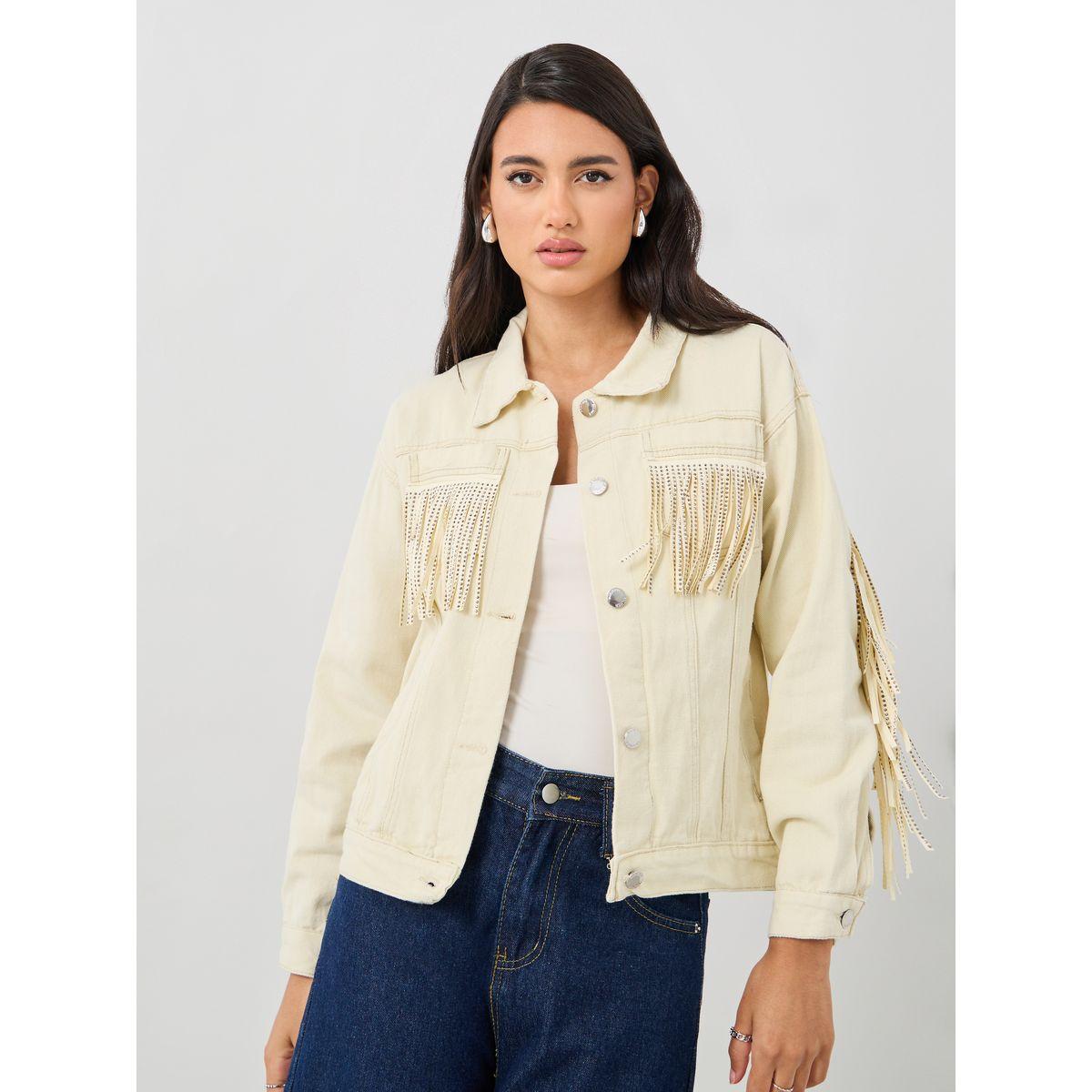 Styli Regular Fit Buttoned Denim Jacket with Fringes Detail-women-winterwear-coatsandjackets-jackets-image-2