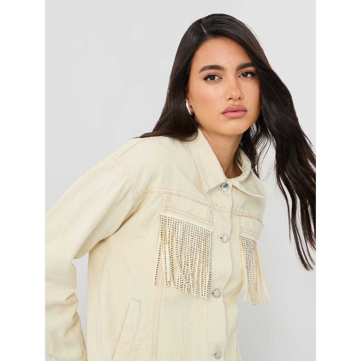 Styli Regular Fit Buttoned Denim Jacket with Fringes Detail-women-winterwear-coatsandjackets-jackets-image-4