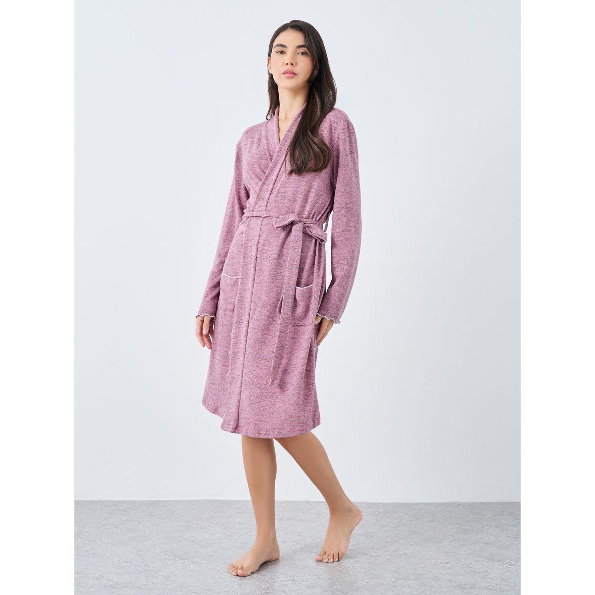 Styli Slub Texture Lettuce Hem Pocket Detail Robe-women-clothing-nightwear-robes-image-1