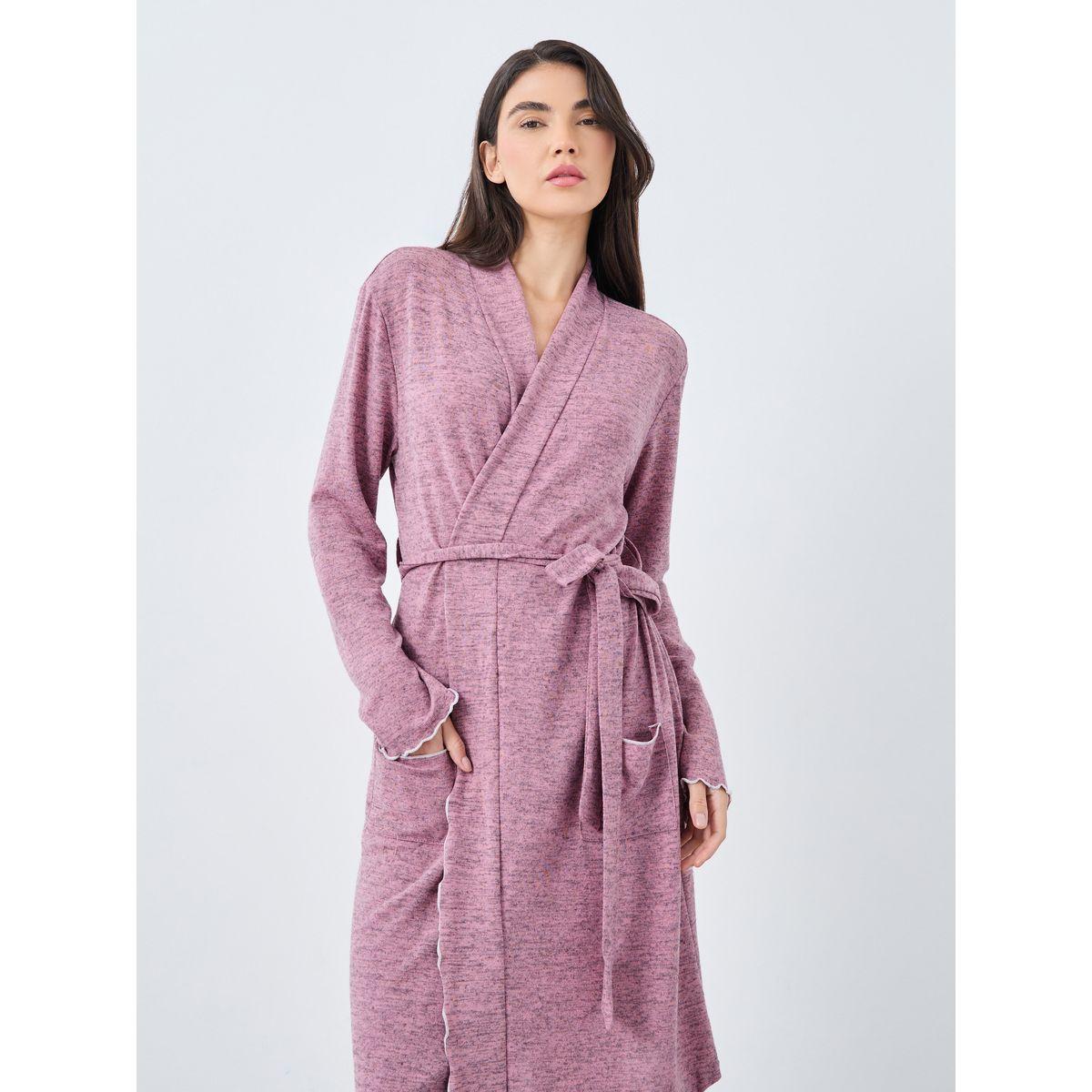 Styli Slub Texture Lettuce Hem Pocket Detail Robe-women-clothing-nightwear-robes-image-2