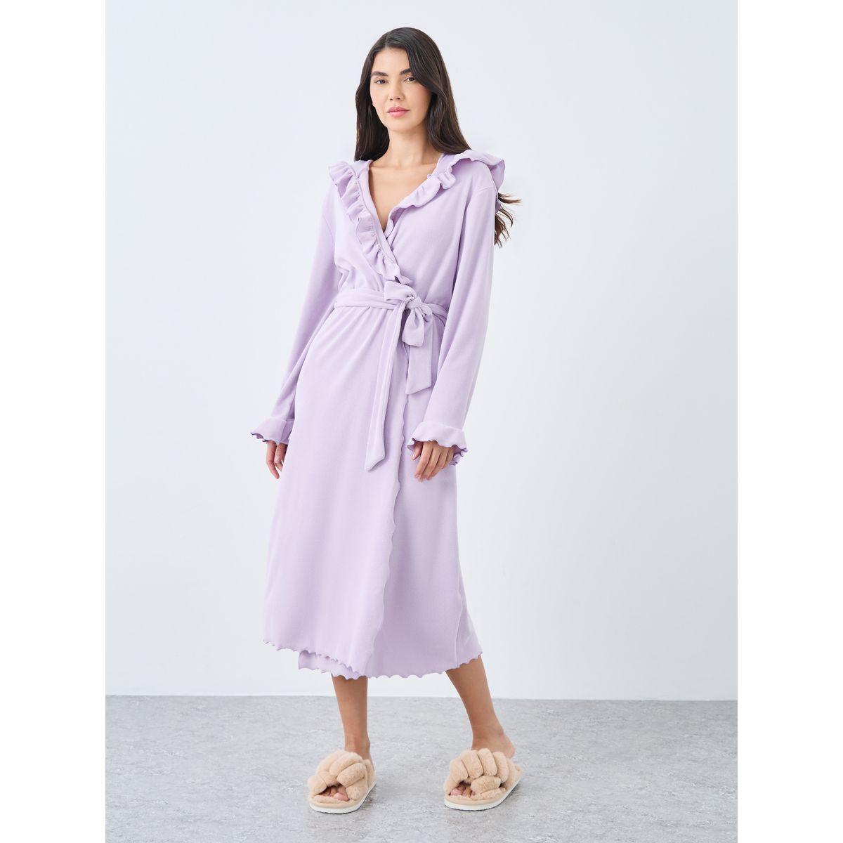 Styli Ruffle Edge Soft Fleece Hooded Robe-women-clothing-nightwear-robes-image-1