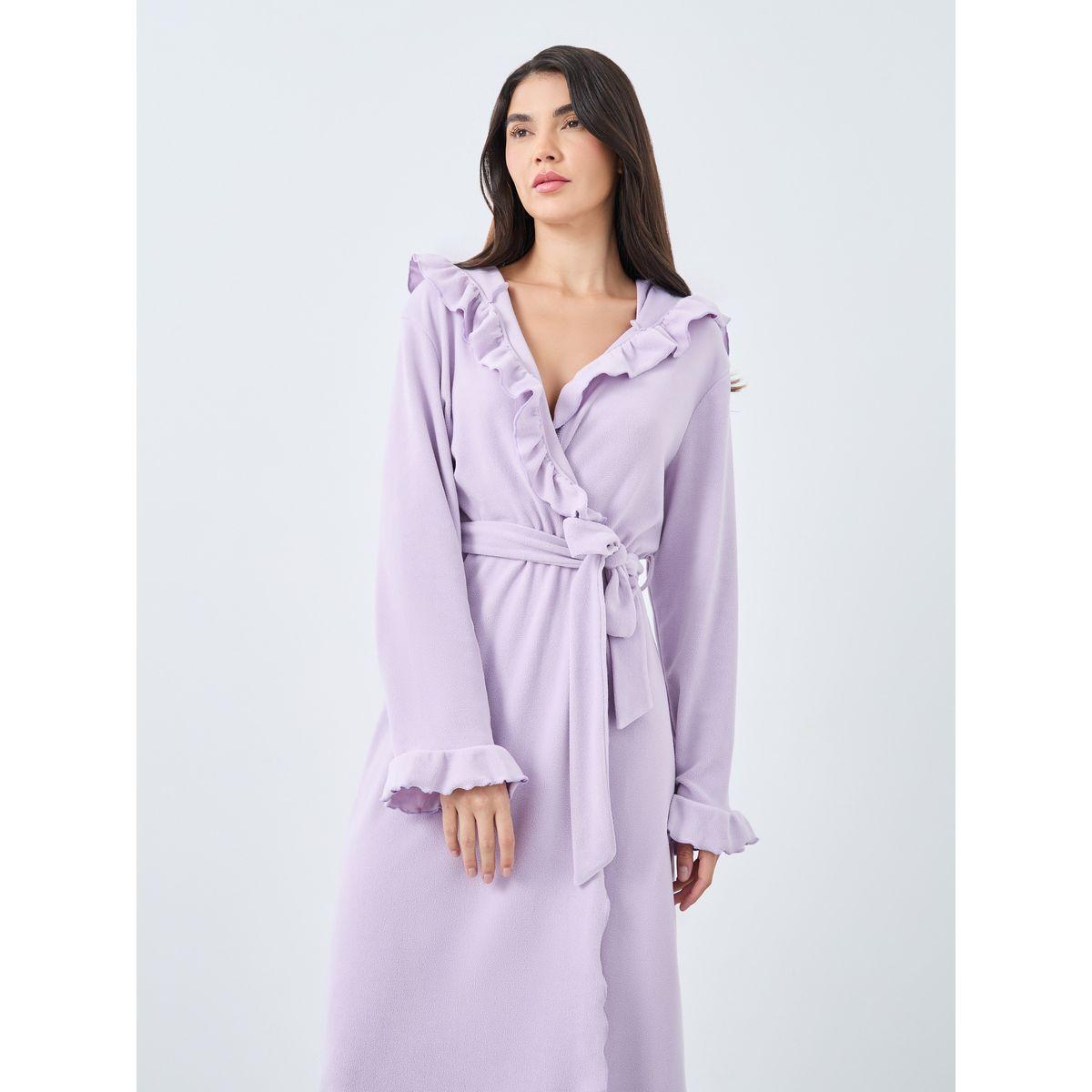 Styli Ruffle Edge Soft Fleece Hooded Robe-women-clothing-nightwear-robes-image-2