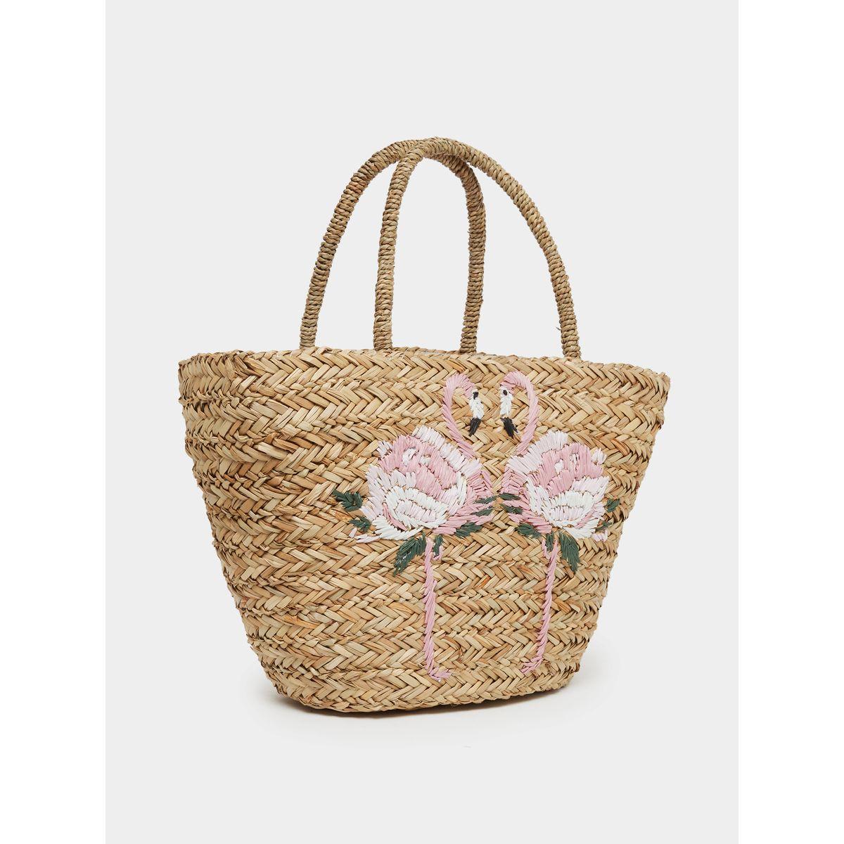 Styli Flamingo Embroidered Beach Handbag with Double Top Handles-women-bagsandwallets-handbags-image-1