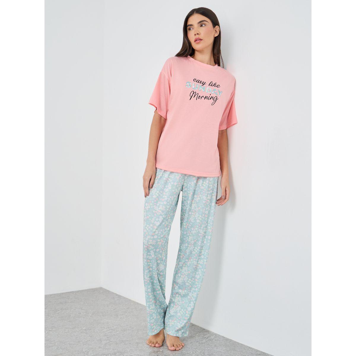 Styli Sunday Morning Slogan Drop Shoulder T-Shirt and Ditsy Floral Pyjama Set-women-clothing-nightwear-pyjamas-longsets-image-1