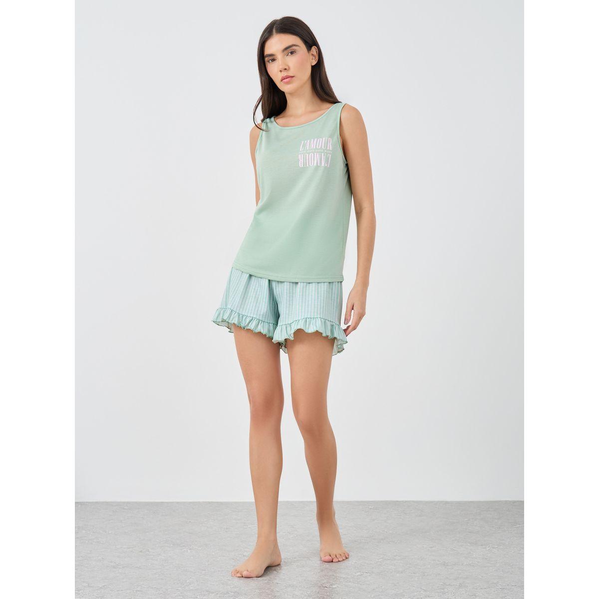 Styli Lamour Slogan Tank and Placket Ruffle Hem Shorts Set-women-clothing-nightwear-pyjamas-shortsets-image-2