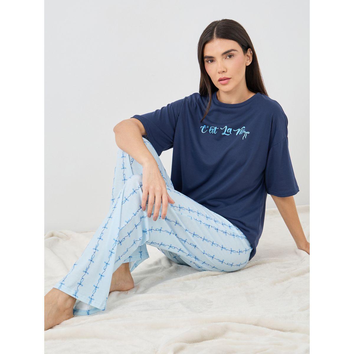 Styli Slogan Print Short Sleeve T-Shirt and Pyjama Set-women-clothing-nightwear-pyjamas-longsets-image-1