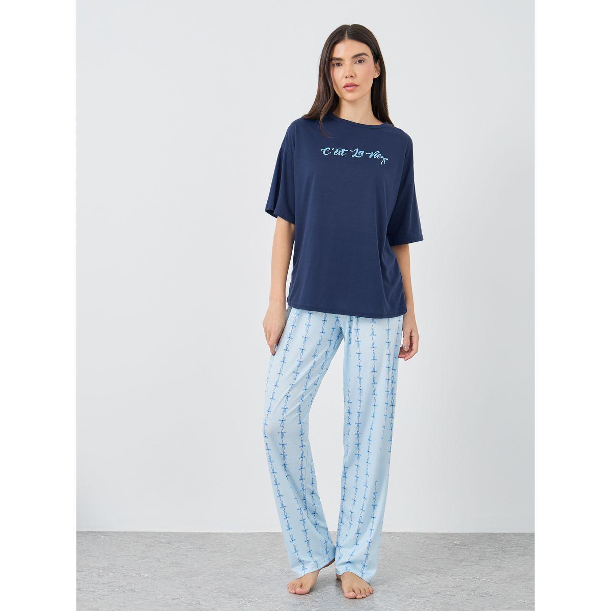 Styli Slogan Print Short Sleeve T-Shirt and Pyjama Set-women-clothing-nightwear-pyjamas-longsets-image-2