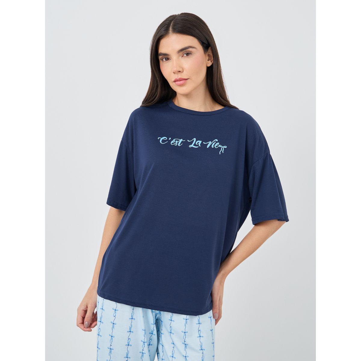 Styli Slogan Print Short Sleeve T-Shirt and Pyjama Set-women-clothing-nightwear-pyjamas-longsets-image-3