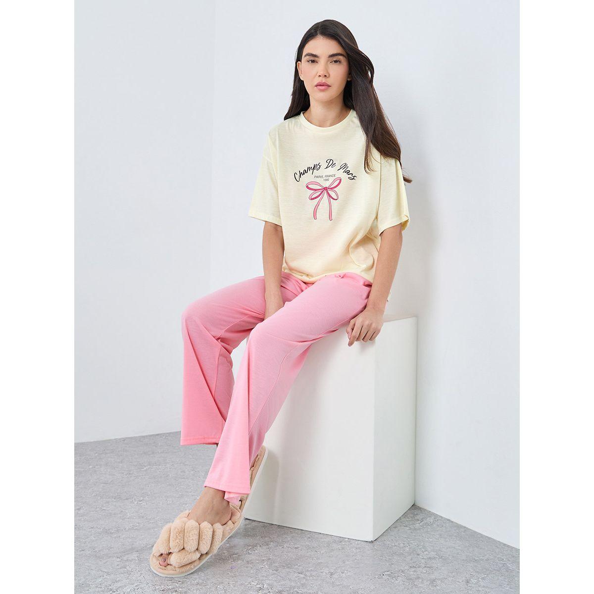 Styli Paris Bow Graphic Drop Shoulder T-Shirt and Pyjama Set-women-clothing-nightwear-pyjamas-longsets-image-1