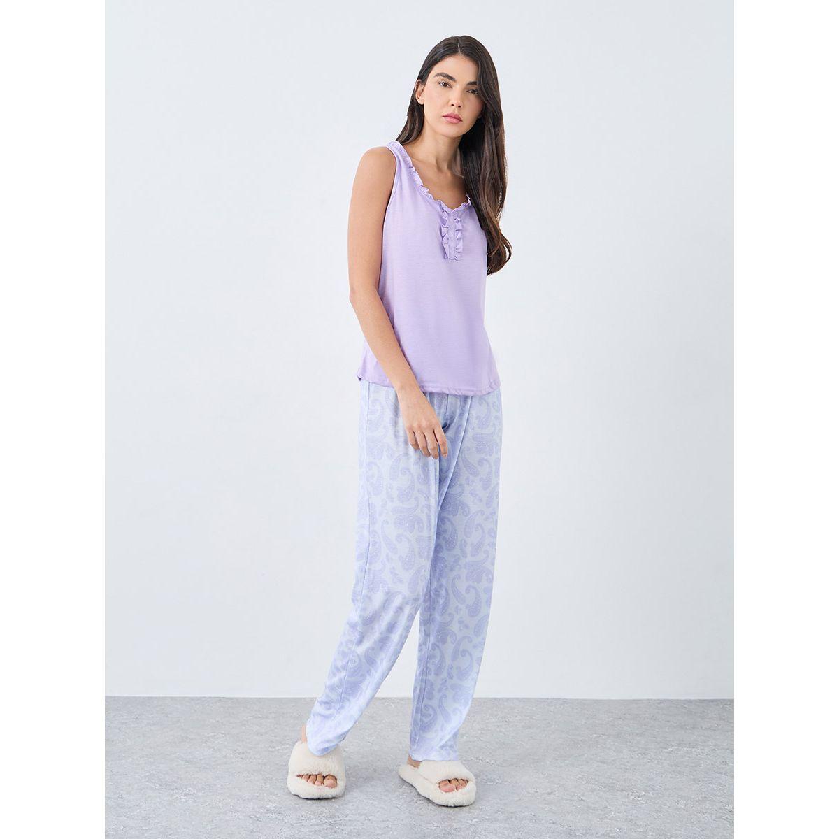 Styli Ruffle Neck Placket Detail Tank and Paisley Print Pyjama Set-women-clothing-nightwear-pyjamas-longsets-image-1