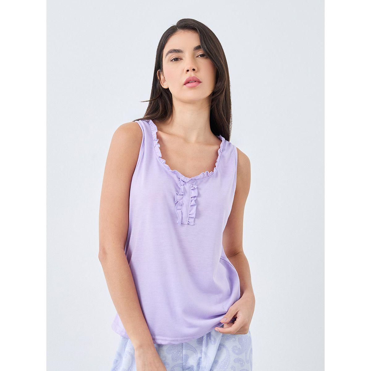 Styli Ruffle Neck Placket Detail Tank and Paisley Print Pyjama Set-women-clothing-nightwear-pyjamas-longsets-image-2