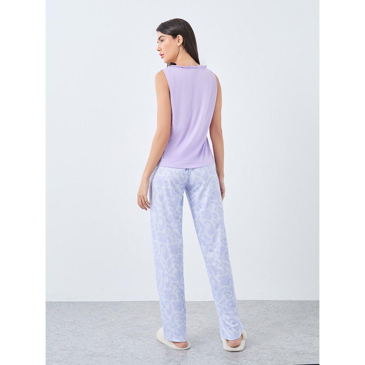 طقم من بنطال بيجاما وبلوزة كت بياقة كشكش-women-clothing-nightwear-pyjamas-longsets-image-4