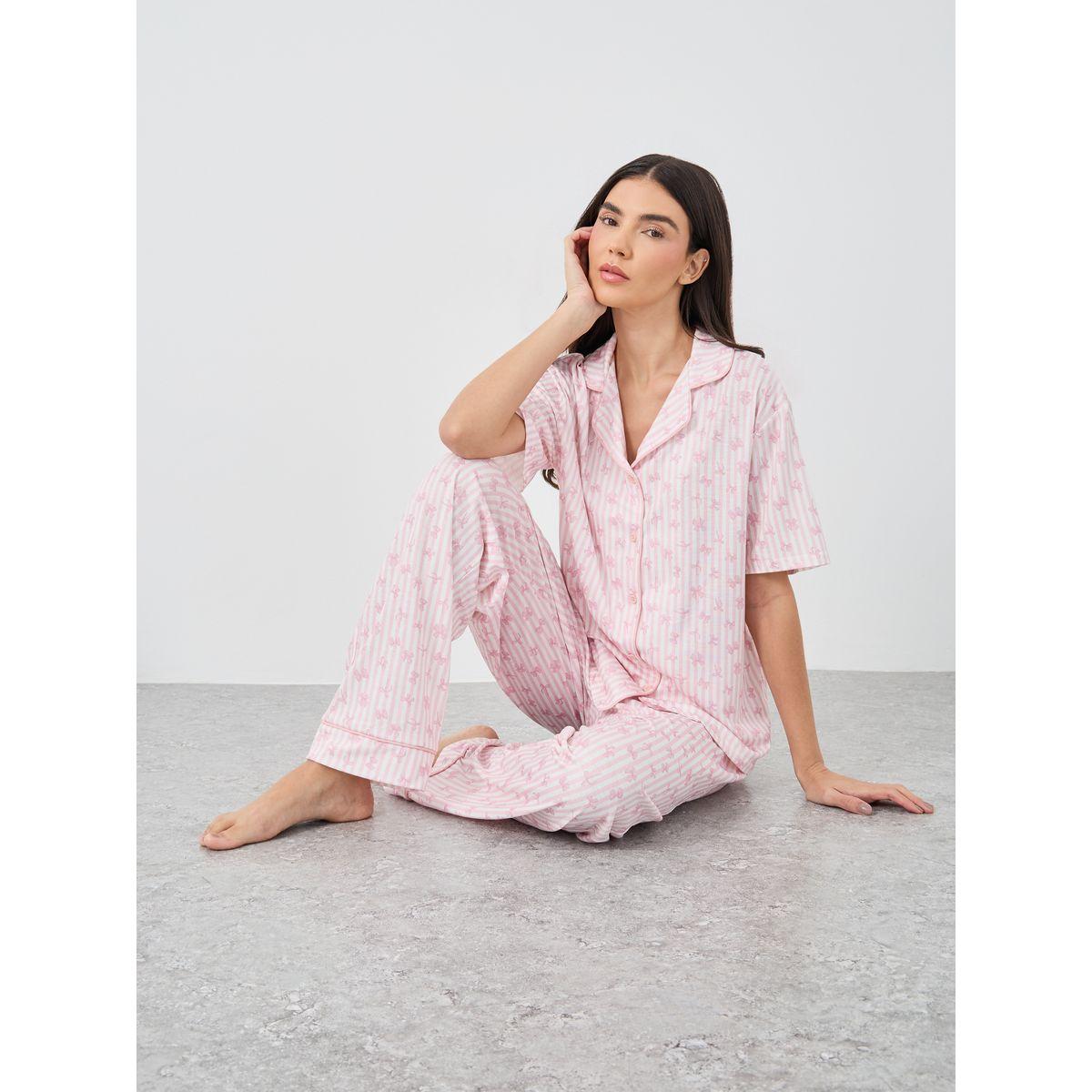 Styli Women Pink Stripe and Bow Print Piped Shirt and Pyjama Set-women-clothing-nightwear-pyjamas-longsets-image-1