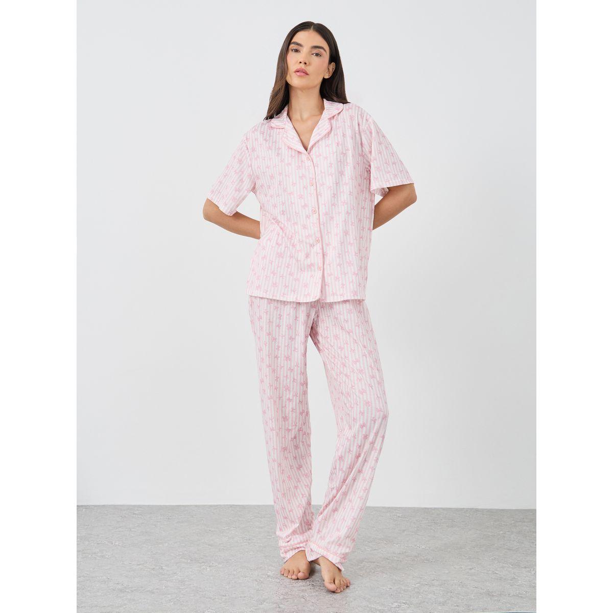 Styli Women Pink Stripe and Bow Print Piped Shirt and Pyjama Set-women-clothing-nightwear-pyjamas-longsets-image-2