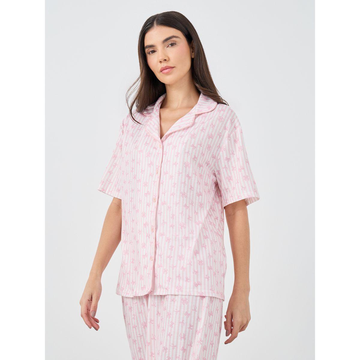 Styli Women Pink Stripe and Bow Print Piped Shirt and Pyjama Set-women-clothing-nightwear-pyjamas-longsets-image-3