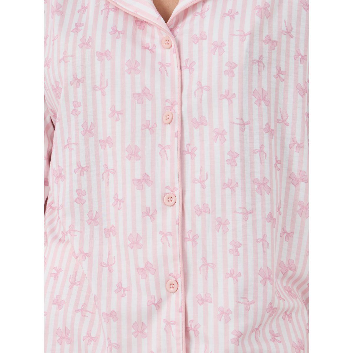 طقم من بنطال بيجاما وبلوزة مخططة بتفاصيل فيونكة-women-clothing-nightwear-pyjamas-longsets-image-4