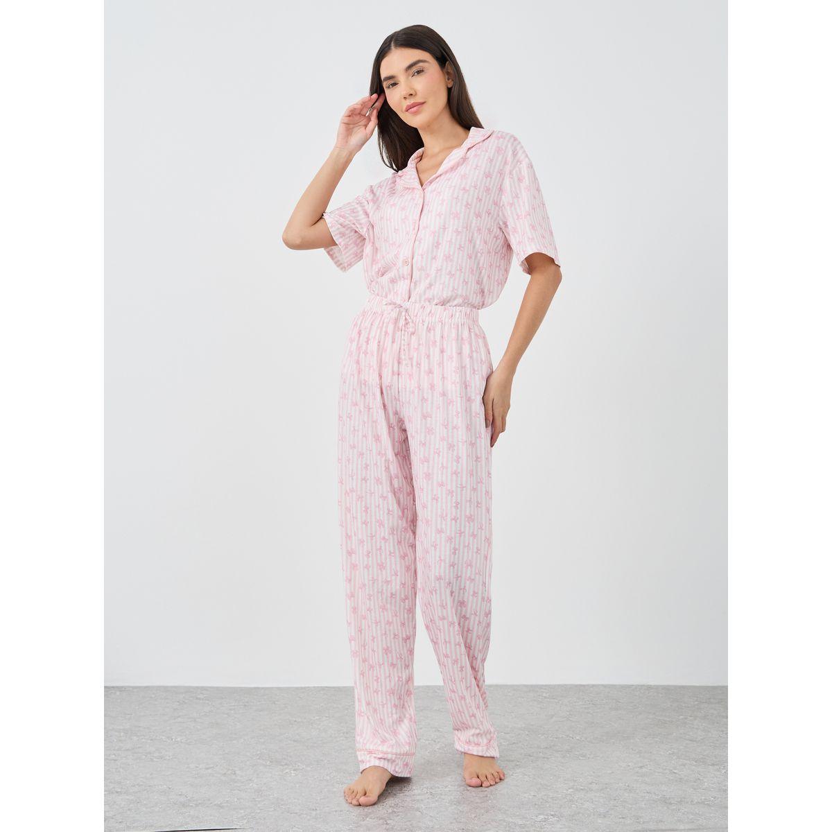 Styli Women Pink Stripe and Bow Print Piped Shirt and Pyjama Set-women-clothing-nightwear-pyjamas-longsets-image-5